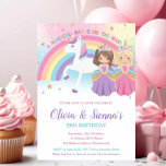 Twins Blonde Brunette Princesses Unicorn Birthday Invitation<br><div class="desc">Whimsical Twins Princess and Unicorn Birthday Party Invitation, featuring a rainbow unicorn and lovely princesses. Personalize this awesome Princess and Unicorn Party Invitation with your party details easily and quickly, simply press the customize it button to further re-arrange and format the style and placement of the text. Exclusive design (c)...</div>