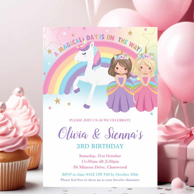 Twins Blonde Brunette Princesses Unicorn Birthday Invitation (Creator Uploaded)