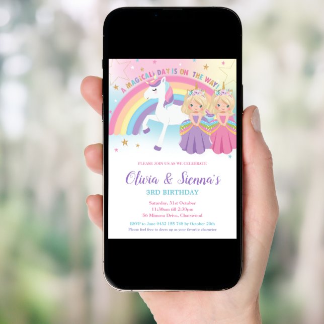 Twins Blonde Princesses and Unicorn Birthday Party Invitation (Front Digital)