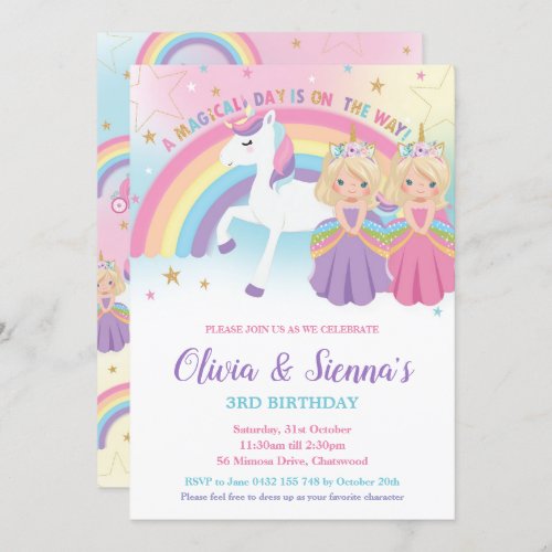 Twins Blonde Princesses and Unicorn Birthday Party Invitation