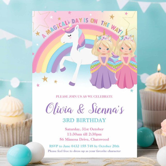 Twins Blonde Princesses and Unicorn Birthday Party Invitation (Creator Uploaded)