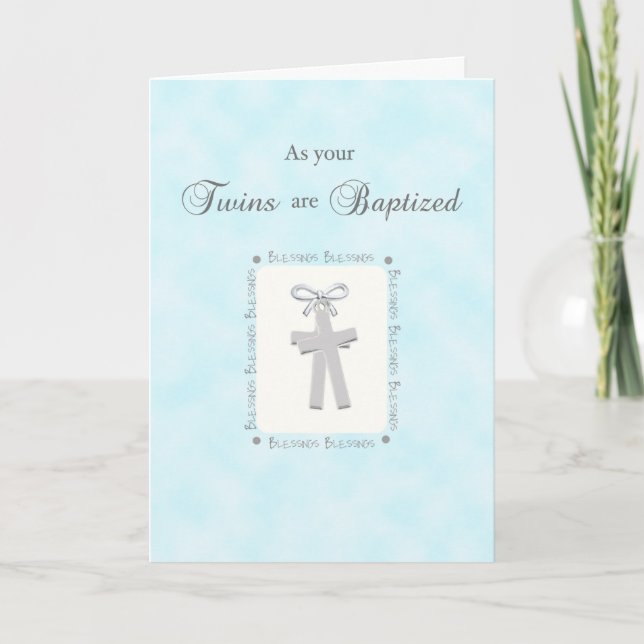 Twins Blue Baptism Crosses Blessings Card (Front)