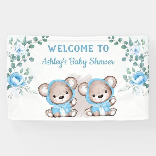  Twins Blue Bear Floral Custom Baby Shower   Banner