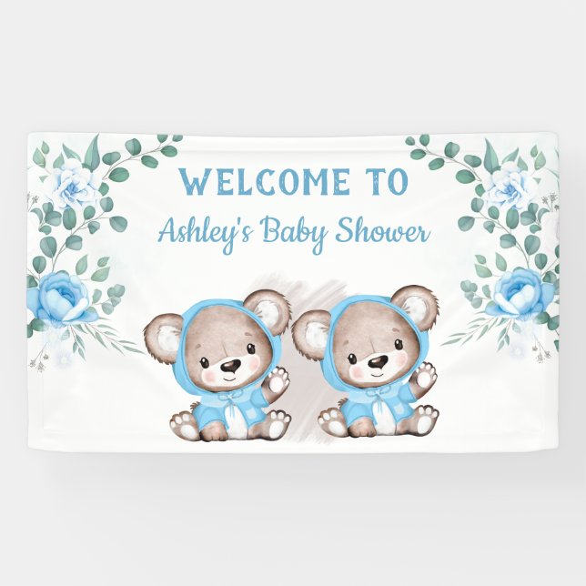  Twins Blue Bear Floral Custom Baby Shower   Banner (Horizontal)