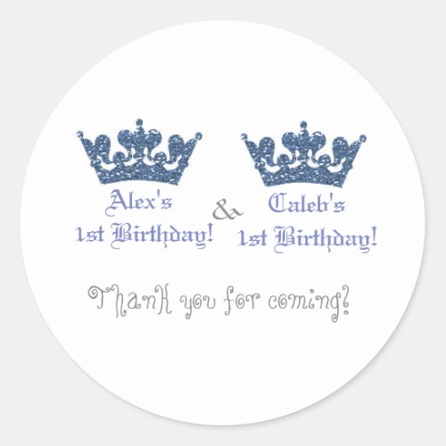 Twins Blue Crowns Boys Royal Prince Party Sticker