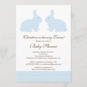Twins Blue Damask Bunny Baby Shower Invitation