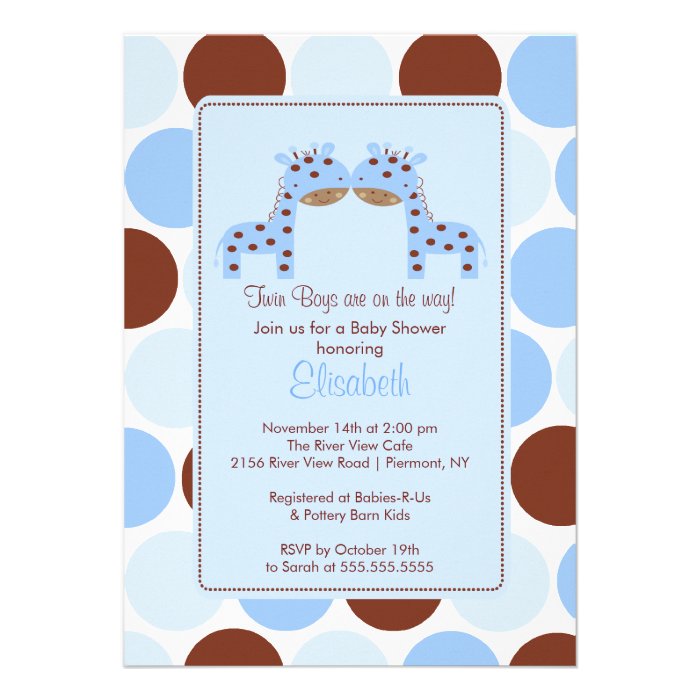 Twins Blue Giraffe Multiple Baby Shower Invitation