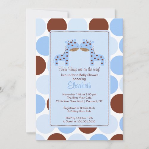 Twins Blue Giraffe Multiple Baby Shower Invitation