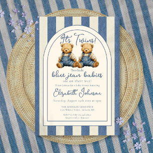 Twins Blue Jean Teddy Bear Baby Shower Invitation