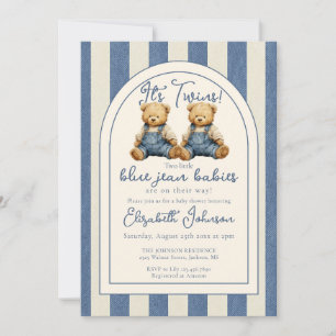 Twins Blue Jean Teddy Bear Baby Shower Invitation