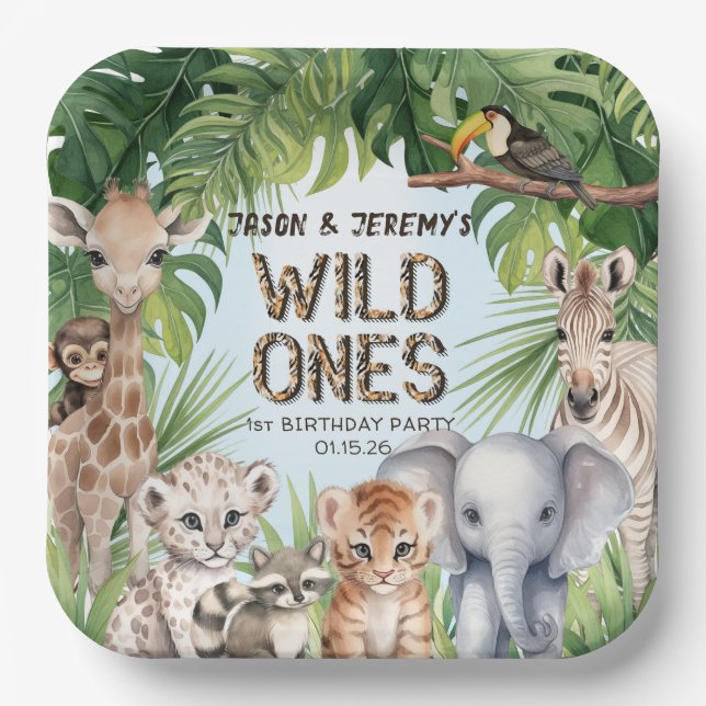 Twins Blue Jungle animals wild one Safari themed Paper Plates (Front)