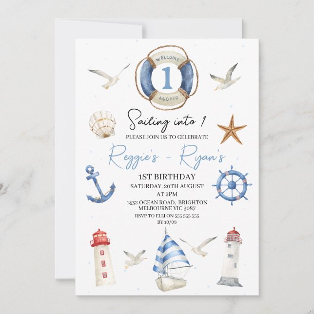 Twins Blue Nautical Sailing into One 1st Birthday Invitation (Front)