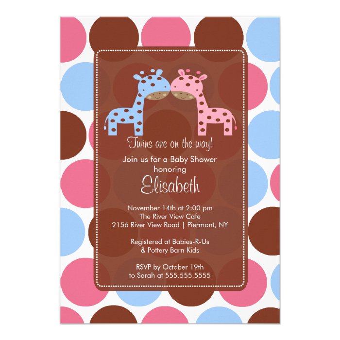 Twins Blue & Pink Giraffe Baby Shower Invitation