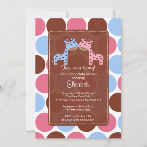 Twins Blue &amp; Pink Giraffe Baby Shower Invitation