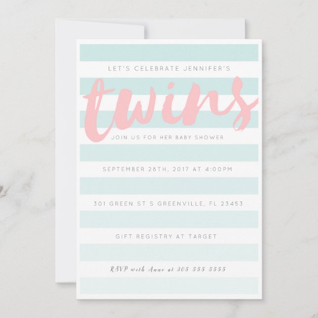 Twins Blue Pink Striped Baby Shower Invitation (Front)