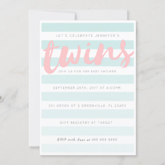 Twins Blue Pink Striped Baby Shower Invitation