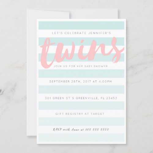 Twins Blue Pink Striped Baby Shower Invitation