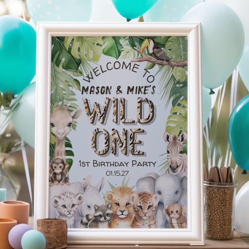 Twins Blue Safari Animals Wild One Welcome Sign