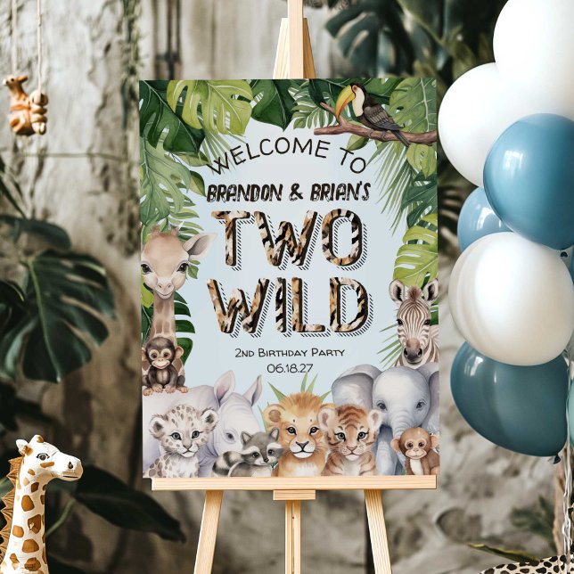 Twins Blue Safari Themed Two Wild Boy 2nd Welcome Foam Board (Twins Blue Two Wild Themed boy 2nd birthday birthday welcome sign)