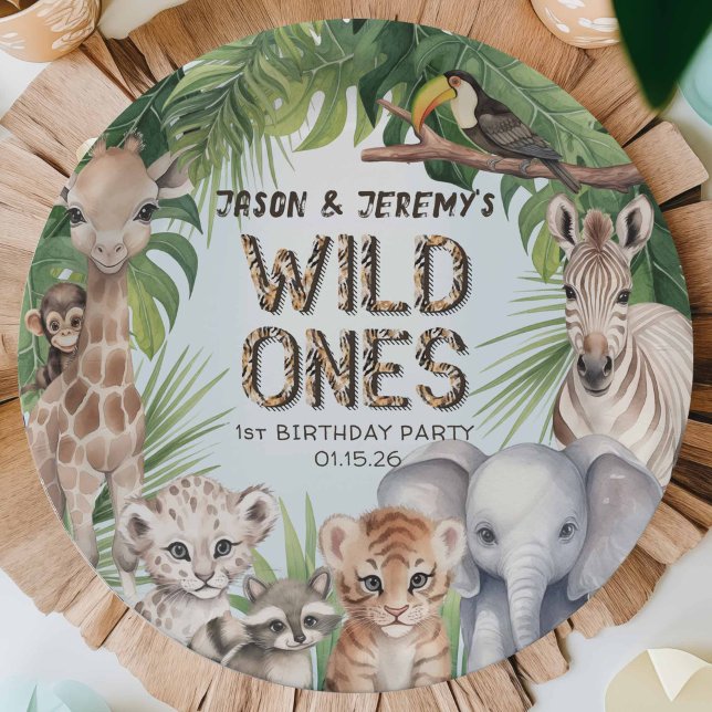 Twins Blue wild one jungle animals 1st birthday Paper Plates (Twins, 1st birthday celebration paper plates, Safari themed blue first birthday for baby boy)