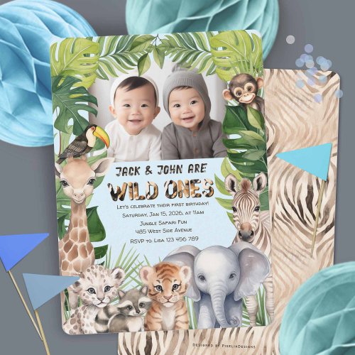 Twins blue wild one safari 1st birthday photo invitation
