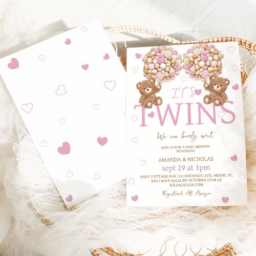 Twins Blush Pink Bear Girls Balloons Baby Shower  Invitation