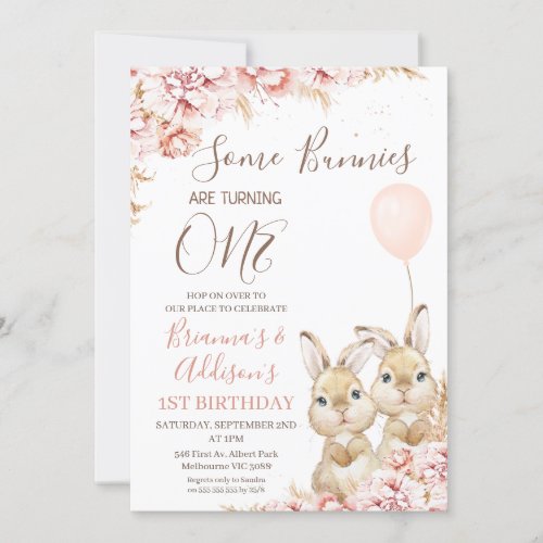 Twins Boho Floral Bunny Balloon 1st Birthday Invitation