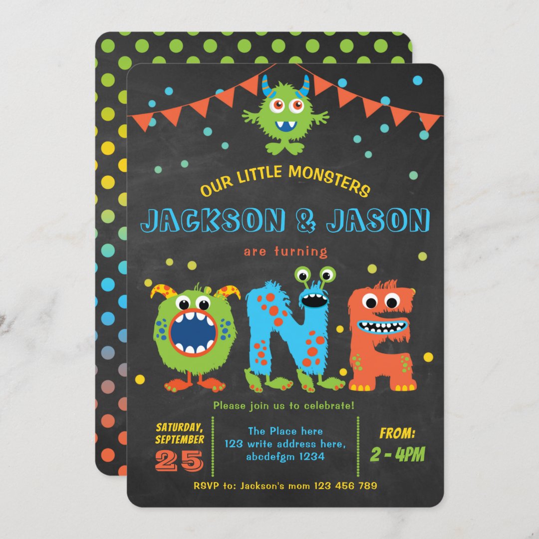 Twins boy 1st birthday little monsters party invitation | Zazzle