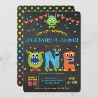 Twins boy 1st birthday little monsters party invitation