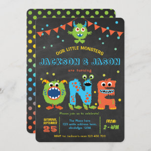 Twins boy 1st birthday little monsters party invitation