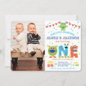 Twins boy 1st birthday monster party photo invitation (Front)