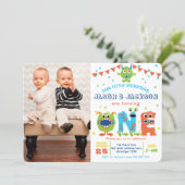 Twins boy 1st birthday monster party photo invitation (Standing Front)
