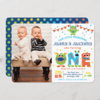 Twins boy 1st birthday monster party photo invitation