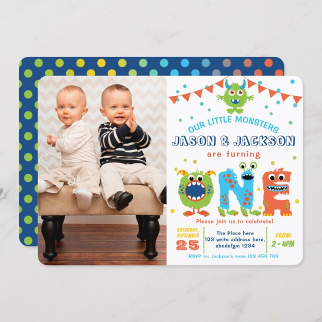 Twins boy 1st birthday monster party photo invitation (Front/Back)