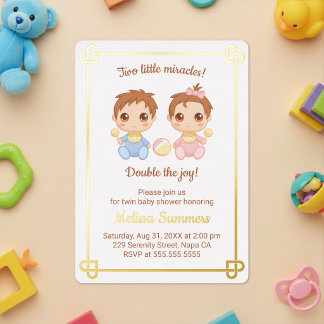 Twins Boy and Girl Baby Shower Foil Invitation