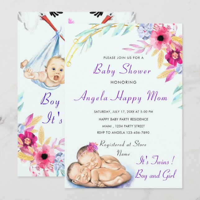 Twins Boy and Girl Baby Shower Invitation (Front/Back)