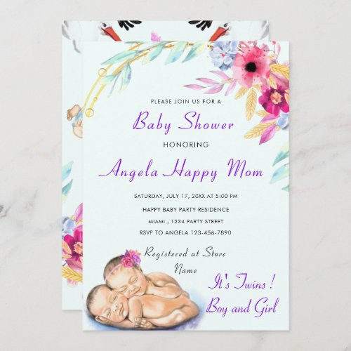 Twins Boy and Girl Baby Shower Invitation