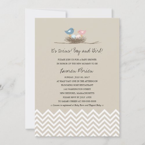 Twins Boy and Girl Bird's Nest Baby Shower Invites