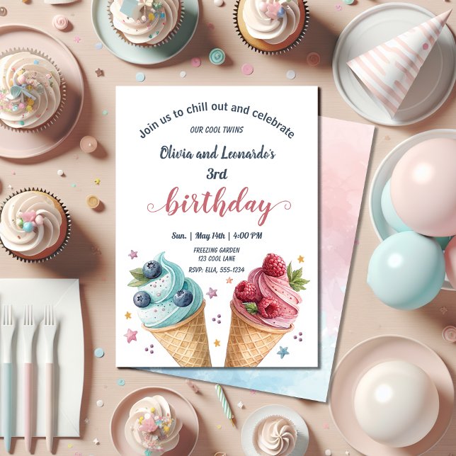 Twins Boy And Girl Ice Cream Cool Birthday Party Invitation (Creator Uploaded)