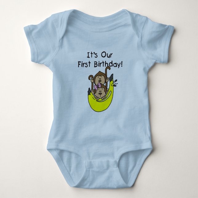 Twins - Boy and Girl Monkey 1st Birthday Baby Bodysuit (Front)