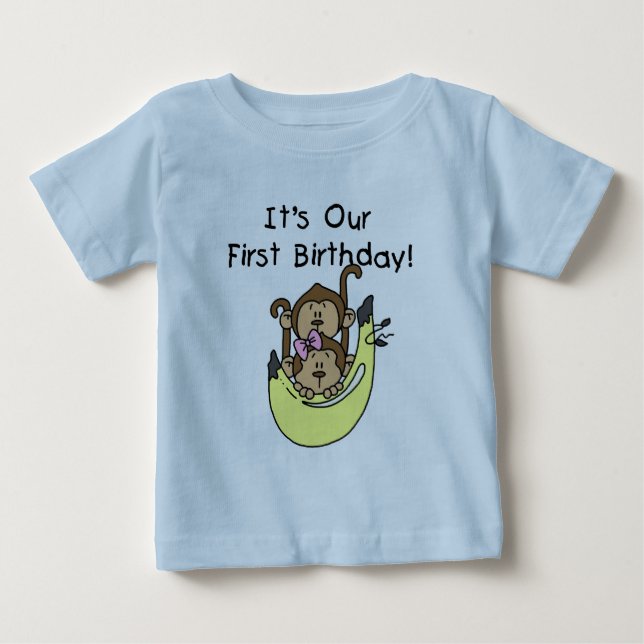 Twins - Boy and Girl Monkey 1st Birthday Baby T-Shirt (Front)