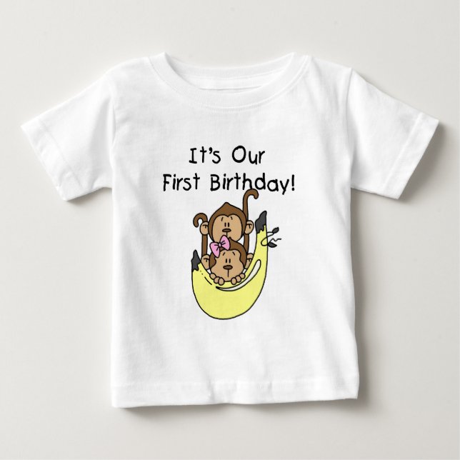 Twins - Boy and Girl Monkey 1st Birthday Baby T-Shirt (Front)