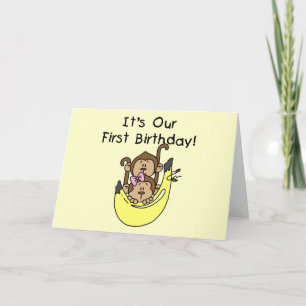 Twins - Boy and Girl Monkey 1st Birthday Card