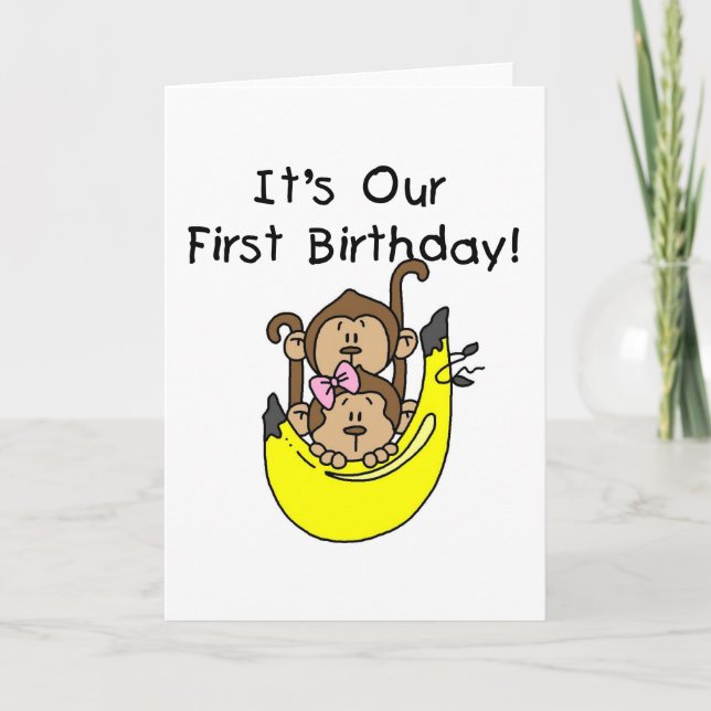 Twins - Boy and Girl Monkey 1st Birthday Card (Front)