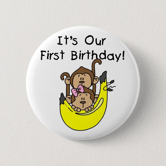 Twins - Boy and Girl Monkey 1st Birthday Pinback Button (Front)