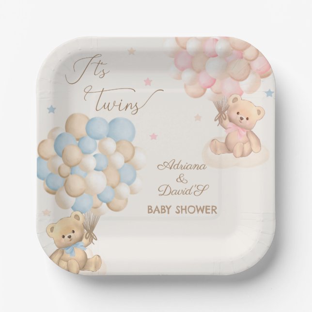 Twins Boy and Girl Pink Blue Baby Shower Paper Plates (Front)