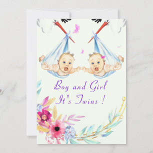 Twins Boy and Girl Stork Baby Shower Invitation