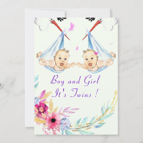 Twins Boy and Girl  Stork  Baby Shower Invitation