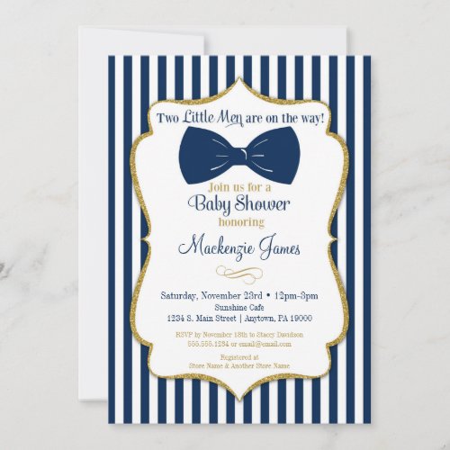 Twins Boy Baby Shower Invitation Blue Gold Bow Tie