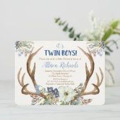 Twins boy baby shower invitation deer antlers boho (Standing Front)